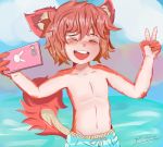  2018 animal_humanoid beach black_nose blush canine child clothed clothing cloud cub digital_media_(artwork) eyes_closed fox_humanoid foxy fur hair happy humanoid male mammal ninkeron open_mouth outside phone red_hair sea seaside selfie simple_background sky smile solo teeth topless water wet young 