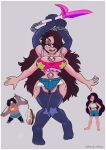  alien big_breasts breasts cartoon_network clothed clothing cutoffs denim_shorts female fusion gem_(species) hair human humanoid kandlin knock_kneed looking_at_viewer mammal multi_arm multi_limb not_furry pigeon_toed shorts simple_background skimpy smile smokey_quartz solo standing steven_universe stevonnie teeth 
