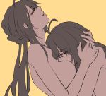  ahoge ara_han black_hair breasts closed_eyes dual_persona elsword eyebrows_visible_through_hair from_side grabbing hua_ge_pi hug long_hair multiple_girls nude open_mouth sakra_devanam_(elsword) selfcest yama_raja_(elsword) yellow_background yuri 