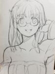  arc_the_lad_ii armpits bare_shoulders braid collarbone dress eyebrows_visible_through_hair glasses greyscale hand_in_hair highres hosshi_(nariagari) lieza long_hair looking_at_viewer monochrome open_mouth simple_background sketch smile solo traditional_media upper_body 