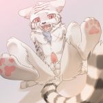  2018 akiyakamikawa anthro balls black_fur cat chest_tuft child cub cute_fangs feline fur male mammal open_mouth pawpads penis red_eyes solo spread_legs spreading tapering_penis tuft white_fur young 