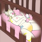  2016 anthro arctic_fox areola bed bedding big_breasts blonde_hair bottle breasts canine clothed clothing crib diaper digital_drawing_(artwork) digital_media_(artwork) eyebrows eyelashes eyes_closed female fox fur hair long_hair lying mammal markings milk nipples pacifier partially_clothed pillow simple_background sleeping solo strawberrycucumber topless valesti wet_diaper white_fur 