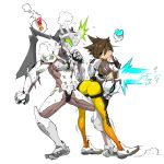  1boy 1girl ass bodysuit brown_hair chip-tooth cyborg genji_(overwatch) heart orange_bodysuit overwatch skin_tight tongue tongue_out tracer_(overwatch) yellow_eyes 