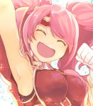  arm_up armpits breastplate closed_eyes commentary_request fire_emblem fire_emblem_echoes:_mou_hitori_no_eiyuuou gloves headband highres mae_(fire_emblem) nakabayashi_zun open_mouth pink_hair simple_background solo twintails white_background white_gloves 