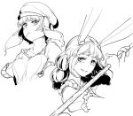  animal_ears bunny_ears commentary_request eating floppy_ears greyscale hat highres hiyuu_(flying_bear) holding mallet medium_hair monochrome moon_rabbit multiple_girls open_mouth pouty_lips ringo_(touhou) seiran_(touhou) short_hair simple_background touhou white_background 