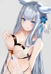  bare_arms bare_shoulders blue_eyes blue_flower blush breasts cleavage closed_mouth collarbone commentary covered_nipples dutch_angle erune flower granblue_fantasy grey_background hair_flower hair_ornament highres korwa large_breasts long_hair navel revealing_clothes ria_(riarea00) see-through silver_hair simple_background smile solo standing very_long_hair 