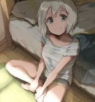  aoba_moka bang_dream! bangs barefoot bed blue_eyes commentary_request crossed_ankles grey_hair grey_shirt hands_on_own_leg highres indoors looking_at_viewer pillow rii_(hakumaiiiiii) shirt short_shorts short_sleeves shorts sitting smile solo wooden_floor 