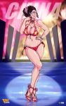  artist_name bikini breasts brown_hair cleavage commentary english_commentary faymantra finger_to_mouth flag_print full_body glasses hair_bun hand_on_hip high_heels highres large_breasts lips looking_at_viewer mei_(overwatch) nose one_eye_closed overwatch smile solo standing swimsuit 