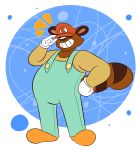  2018 anthro belly brown_fur canine clothing cosplay cute digital_media_(artwork) fur gloves hat hi_res invalid_tag korbin_(character) male mammal overalls simple_background slightly_chubby smile solo tanuki video_games zackdadawg 