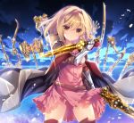  :&lt; axe bangs battle_axe blue_sky blush bow_(weapon) brown_eyes cape closed_mouth cloud cloudy_sky commentary_request djeeta_(granblue_fantasy) dress dual_wielding eyebrows_visible_through_hair gauntlets granblue_fantasy hair_between_eyes hairband hand_up head_tilt holding holding_sword holding_weapon light_brown_hair long_hair looking_at_viewer mace nanamomo_rio night night_sky pink_dress red_hairband short_sword sky solo star star_(sky) starry_sky sword v-shaped_eyebrows weapon white_cape 