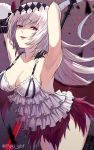  armpits arms_up bangs breasts camisole commentary_request dark_jeanne feathers granblue_fantasy hair_ornament long_hair looking_at_viewer medium_breasts peki_gbf red_eyes skirt white_hair wings 