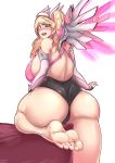 1girl ass barefoot blonde_hair blush breasts curvy feet green_eyes huge_ass huge_breasts leg_up long_hair looking_at_viewer looking_back mercy_(overwatch) open_mouth overwatch pink_mercy sideboob soles solo thick_thighs thighs toes twintails 