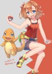  :d absurdres bike_shorts black_shorts blue_eyes blush bow brown_hair charmander collarbone cosplay eyebrows_visible_through_hair hair_between_eyes hair_bow haruka_(pokemon) haruka_(pokemon)_(cosplay) head_tilt highres holding holding_poke_ball kousaka_honoka looking_at_viewer love_live! love_live!_school_idol_project miyamae_porin open_mouth poke_ball poke_ball_(generic) pokemon pokemon_(creature) pokemon_(game) pokemon_oras red_shirt shirt short_hair short_shorts shorts shorts_under_shorts side_ponytail sleeveless sleeveless_shirt smile white_shorts wristband 