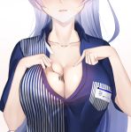  azur_lane barcode_tattoo blue_shirt blush breasts character_name cleavage collarbone employee_uniform eternity_(pixiv8012826) gradient gradient_background hand_on_own_chest highres large_breasts lavender_hair lawson long_hair name_tag open_mouth pointing pointing_at_self rodney_(azur_lane) shirt simple_background smile solo sweat tattoo uniform upper_body very_long_hair 