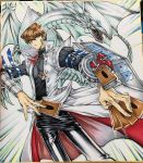  black_pants blue-eyes_white_dragon blue_eyes bracer bright_pupils brown_hair card closed_mouth coat commentary_request contrapposto dragon duel_disk duel_monster hair_between_eyes highres holding holding_card jewelry kaiba_seto looking_at_viewer maruchi necklace open_clothes open_coat pants photo solo standing traditional_media white_coat yuu-gi-ou 