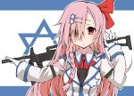 absurdres arm_strap bangs blush bow braid breasts collared_jacket commentary_request eyebrows_visible_through_hair eyes_visible_through_hair girls_frontline gloves grey_shirt gun hair_between_eyes hair_bow hair_ornament hair_ribbon hairclip hexagram highres holding holding_gun holding_weapon imi_negev israel israeli_flag long_hair looking_at_viewer negev_(girls_frontline) one_side_up pink_hair red_bow red_eyes red_neckwear ribbon sakakiba_misogi shirt side_braid sidelocks smile solo star_of_david weapon white_gloves 