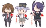  arm_warmers bangs black_gloves black_jacket black_legwear black_skirt blazer blunt_bangs brown_eyes brown_hair checkered checkered_neckwear chibi commentary_request eyepatch full_body gloves grey_eyes grey_skirt grin hat headgear jacket kantai_collection kneehighs looking_at_viewer masaki_itsuki multiple_girls necktie ooshio_(kantai_collection) open_mouth partially_translated partly_fingerless_gloves pleated_skirt purple_hair red_neckwear school_uniform shirt short_hair short_sleeves short_twintails sign_language simple_background skirt smile smokestack standing suspenders tenryuu_(kantai_collection) thighhighs translation_request twintails wakaba_(kantai_collection) white_background white_shirt yellow_eyes 