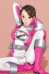  1girl armpits arms_up belt blush bodysuit boots breasts brown_hair feet full_body gloves gogo_sentai_boukenger highres holster large_breasts legs long_hair looking_at_viewer nishihori_sakura parted_lips pink_footwear pink_gloves puffy_nipples red_eyes sakuradou serious shiny shiny_hair simple_background sitting solo spread_legs super_sentai thighs 