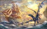  2018 blue_scales cloud detailed_background digital_media_(artwork) dragon feral flying invalid_tag membranous_wings red-izak scales scalie sea ship valinor vehicle water wave wings 