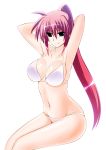  arms_behind_back arms_up bikini breasts cleavage collarbone engo_(aquawatery) eyebrows_visible_through_hair groin large_breasts long_hair looking_at_viewer lyrical_nanoha navel pink_hair ponytail signum simple_background sitting solo stomach swimsuit white_background white_bikini 