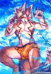  2018 anthro balls black_pawpads brown_fur bulge canine cheetahpaws claws clothed clothing ear_piercing eyes_closed fur male mammal nipples open_mouth outside pawpads penis_outline piercing seth_(tas) sky smile solo swimsuit tokyo_afterschool_summoners topless water wet white_fur wolf 
