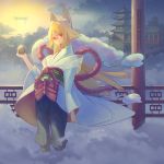  absurdres animal_ear_fluff animal_ears architecture blonde_hair closed_mouth commentary_request copyright_request east_asian_architecture feel_(nasitaki) fog fox_ears grey_pants hair_between_eyes hand_up highres holding japanese_clothes long_hair long_sleeves pants red_eyes sash solo torii wide_sleeves 