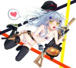  assault_rifle bag bangs beret black_legwear blunt_bangs blush bow bow_panties bra breasts buckle character_name cleavage clothes_writing collarbone eating eyebrows_visible_through_hair facial_mark floating floating_hair food fork full_body girls_frontline gloves green_eyes gun hair_ornament handgun hat hat_removed headwear_removed heart heckler_&amp;_koch highres hk416 hk416_(girls_frontline) holding holding_fork holding_knife holster holstered_weapon knife long_hair looking_at_viewer magazine_(weapon) medium_breasts navel open_mouth panties pistol rifle shoes sidelocks silver_hair skindentation sneakers solo spoken_heart stomach teardrop thigh_holster thighhighs thighs tofuto tongue tongue_out underwear underwear_only upper_teeth very_long_hair weapon white_bra white_panties 