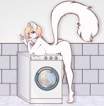  2018 anthro bent_over big_breasts blonde_hair blue_eyes breast_squish breasts butt cat feline female fluffy fluffy_tail hair mammal nude pose scorpdk solo washing_machine 