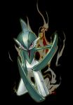  2008 3_fingers ambiguous_gender black_background gallade green_skin humanoid kneeling looking_at_viewer low_res nintendo not_furry pok&eacute;mon pok&eacute;mon_(species) red_eyes serious simple_background solo u-da video_games white_skin 