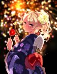  :t aerial_fireworks alternate_hairstyle amaryllis blonde_hair candy_apple chocolate_banana commentary_request earrings eating fireworks flower food hair_flower hair_ornament highres japanese_clothes jewelry kimono ouga_saki ponytail solo summer_festival tdnd-96 virtual_youtuber yukata 
