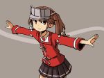  adrian_ferrer brown_eyes brown_hair commentary cowboy_shot english_commentary japanese_clothes kantai_collection kariginu magatama outstretched_arms pleated_skirt ribbon-trimmed_sleeves ribbon_trim ryuujou_(kantai_collection) skirt smile solo twintails visor_cap 