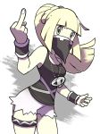  bandana black_tank_top blonde_hair bravefarm2 commentary_request cosplay covered_nipples covering_mouth green_eyes highres jewelry lillie_(pokemon) long_hair middle_finger necklace no_bra pokemon pokemon_(game) pokemon_sm ponytail shorts simple_background skull_necklace solo tank_top team_skull team_skull_uniform thigh_strap white_background white_shorts wristband 