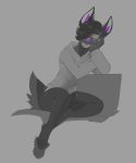  2017 ambiguous_gender anthro arm_support barefoot biped canine clothed clothing digital_drawing_(artwork) digital_media_(artwork) eyes_closed fluffy fluffy_tail front_view full-length_portrait fur girly grey_background greyscale hair hair_over_eye hi_res hoodie jackal leaning_on_elbow lighting mammal micki monochrome pants portrait purple_nose resting shadow short_hair simple_background sitting small_waist smile snout solo spot_color terrus_(terrus_fal113) 