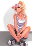  alternate_hairstyle amaryllis blonde_hair breasts cleavage collarbone commentary_request dark_skin fang fang_out highres looking_at_viewer no_socks ouga_saki parted_lips ponytail red_eyes shoes shorts sneakers solo tank_top tdnd-96 virtual_youtuber visor_cap white_tank_top 