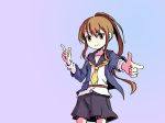  &gt;:) adrian_ferrer blue_cardigan brown_hair cowboy_shot finger_gun fumizuki_(kantai_collection) gradient gradient_background kantai_collection neckerchief ponytail remodel_(kantai_collection) school_uniform serafuku sidelocks smile solo yellow_eyes 