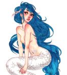  black_hair breasts cleavage closed_mouth commentary english_commentary jacquelin_de_leon long_hair looking_at_another medium_breasts mermaid monster_girl navel nude original simple_background solo very_long_hair white_background 