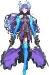  absurdres breasts closed_eyes collarbone dual_wielding fire full_body highres holding kagutsuchi_(xenoblade) knife long_hair medium_breasts navel official_art purple_hair saitou_masatsugu solo sword transparent_background very_long_hair weapon xenoblade_(series) xenoblade_2 