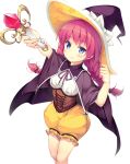  aasha arm_up black_cape black_hat blue_eyes blush bow braid cape clenched_hand closed_mouth corset crystal daibouken!_yukeyuke_osawari_island eyebrows_visible_through_hair hand_up hat hat_bow holding holding_wand looking_at_viewer magical_girl nontan official_art pink_hair shorts smile solo standing transparent_background twin_braids twintails wand white_bow witch_hat yellow_shorts 