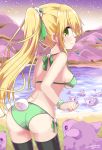  ass bikini black_legwear blonde_hair blurry blush breasts bunny_tail closed_mouth day depth_of_field from_behind green_bikini green_eyes himarisu_(hida_mari) leaning_forward medium_breasts original outdoors pond ponytail profile sheep signature solo standing sweatdrop swimsuit tail thighhighs wavy_mouth 