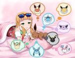  absurdres aqua_hair arm_support bed_sheet blush chibi dreaming eevee espeon eyewear_on_head flareon gen_1_pokemon gen_2_pokemon gen_4_pokemon gen_5_pokemon glaceon green_eyes highres jolteon leafeon lying makeup makuro34_(chrono) multicolored_hair nail_polish on_bed on_stomach orange_hair pillow pink_background pokemon pokemon_(anime) pokemon_(creature) pokemon_m21 red_hair red_nails risa_(pokemon) scrunchie sleeping smile sunglasses sylveon thought_bubble umbreon vaporeon wrist_scrunchie 