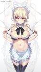  apron artoria_pendragon_(all) artoria_pendragon_(swimsuit_rider_alter) bangs bikini_top black_bikini_top black_legwear blush breasts detached_collar eyebrows_visible_through_hair fate/grand_order fate_(series) frill_trim hair_between_eyes hong_(white_spider) leg_garter looking_at_viewer maid_bikini maid_headdress medium_breasts nail_polish navel parted_lips platinum_blonde_hair pulled_by_self solo strap_pull thighhighs v-shaped_eyebrows waist_apron yellow_eyes zoom_layer 