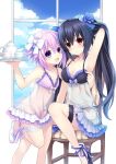  2girls :d arm_behind_head armpits babydoll bare_shoulders black_hair blue_bow blush bow breasts cleavage cup frown hair_bow holding holding_tray long_hair looking_at_viewer medium_breasts multiple_girls neptune_(choujigen_game_neptune) neptune_(series) noire official_art open_mouth purple_eyes purple_hair red_eyes see-through short_hair sitting smile spaghetti_strap standing standing_on_one_leg teacup teapot thigh_strap tray tsunako twintails very_long_hair white_bow 