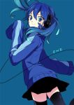  blue_background blue_eyes blue_hair character_name ene_(kagerou_project) headphones jacket kagerou_project long_hair missing_limb satou_iruno skirt sleeves_past_fingers sleeves_past_wrists smile solo thighhighs track_jacket twintails 