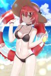  absurdres ass_visible_through_thighs beach bikini black_bikini blue_sky breasts candy choker cleavage cloud collarbone cowboy_shot day food freedom_up girls_frontline hair_ornament hat highres innertube lollipop looking_at_viewer medium_breasts mouth_hold mp7_(girls_frontline) navel outdoors red_hair short_hair sky solo standing sun_hat swimsuit yellow_eyes 