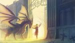  blonde_hair commentary dragon feel_(nasitaki) floating_hair gate highres horns long_hair monster original outdoors solo spread_wings staff standing western_dragon 