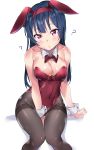  ? absurdres animal_ears black_legwear blue_hair bow bowtie breasts bunny_ears bunny_tail bunnysuit detached_collar head_tilt highres leotard long_hair looking_at_viewer love_live! love_live!_sunshine!! medium_breasts pantyhose red_eyes red_leotard red_neckwear side_bun simple_background sitting solo strapless strapless_leotard tail tem10 thighband_pantyhose tsushima_yoshiko white_background wrist_cuffs 