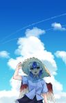  1girl absurdres adjusting_clothes adjusting_headwear blue_hair blue_sky blush brown_eyes collared_shirt eyebrows_visible_through_hair gunsou1350 hat highres looking_at_viewer medium_hair multicolored_hair open_mouth shirt short_sleeves silver_hair sky smile solo sun_hat tokiko_(touhou) touhou two-tone_hair white_shirt wings 