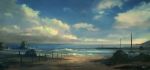  beach blue_sky cloud cloudy_sky comic feel_(nasitaki) fence highres no_humans ocean original rock sand scenery signature sky waves 