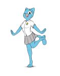  anthro blue_fur button_shirt cartoon_network clothing collared_shirt feline female fur looking_at_viewer mammal mature_female miniskirt nicole_watterson one_eye_closed open_mouth pose simple_background skirt smile solo the_amazing_world_of_gumball unknown_artist white_background wink 