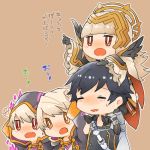  3boys aura black_gloves blue_hair brown_background brown_eyes cape carrying closed_eyes commentary_request crown dark_aura fire_emblem fire_emblem:_kakusei fire_emblem_heroes gimurei gloves grey_hair hair_ornament hood hood_up krom long_hair long_sleeves male_my_unit_(fire_emblem:_kakusei) multiple_boys my_unit_(fire_emblem:_kakusei) open_mouth pointing red_eyes robe short_hair shoulder_carry shunrai simple_background sweatdrop veronica_(fire_emblem) white_hair 